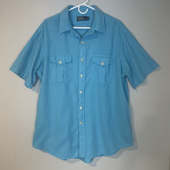Polo Ralph Lauren Men’s XL Linen Blend Short Sleeve Button Down Shirt Aqua Blue - Picture 1 of 7